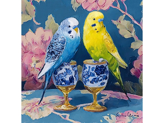 Blue and Yellow budgies in chinoiserie interior, Preppy Parakeet Decor