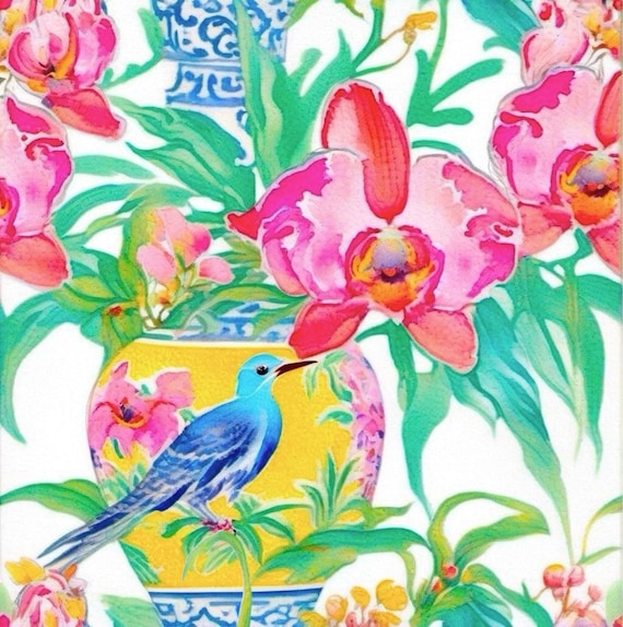 Orchid & Bird Watercolor Painting: Chinoiserie Art Print