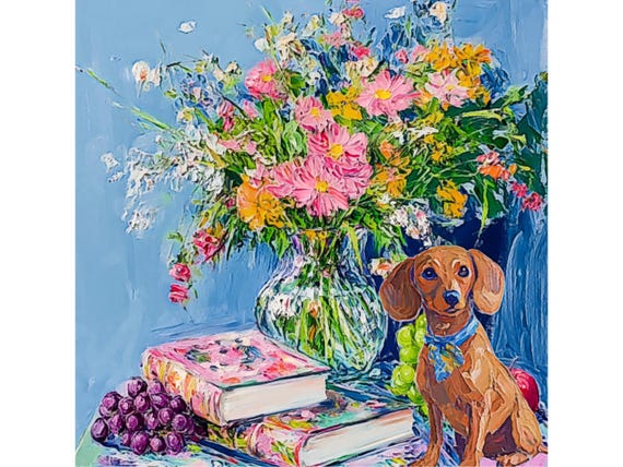 Grandmillennial art, Dachshund dog in preppy interior with wild flowers