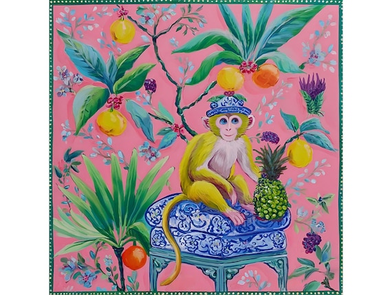 Cheeky monkey and a pineapple in pink chinoiserie room art print
