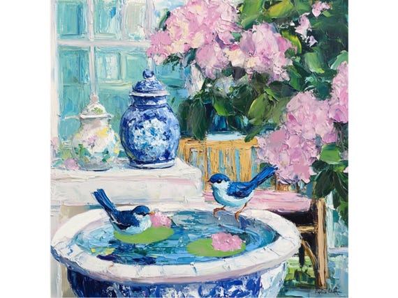 Bluebird Hydrangea Print: Cottagecore Chinoiserie Wall Art