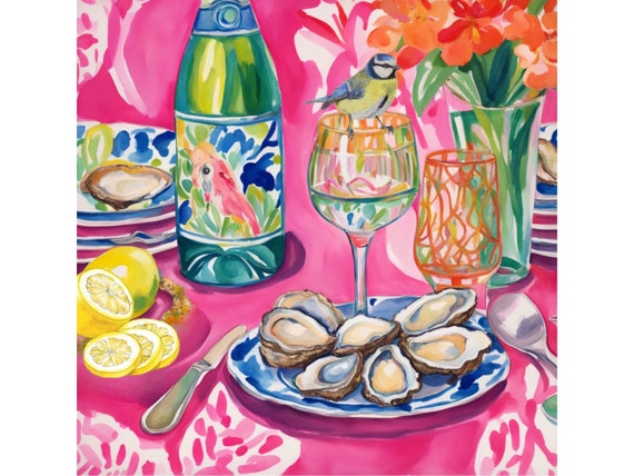 Grandmillennial art, Champaign and Oysters, whimsical watercolor
