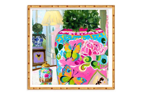 Grandmillennial art, Preppy pink interior with topiary and chinoiserie jar oil painting