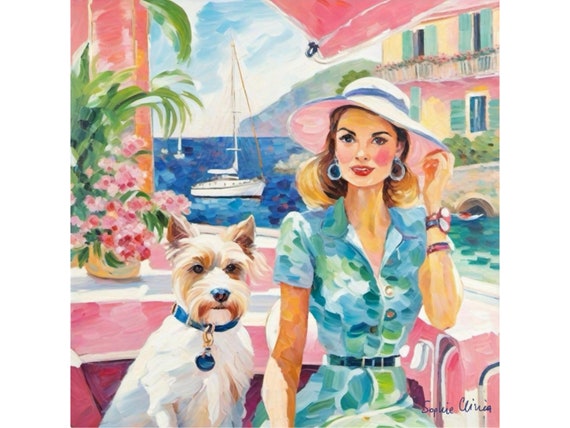 French Riviera Art Print: Elegant Woman and Dog, Coastal Scene