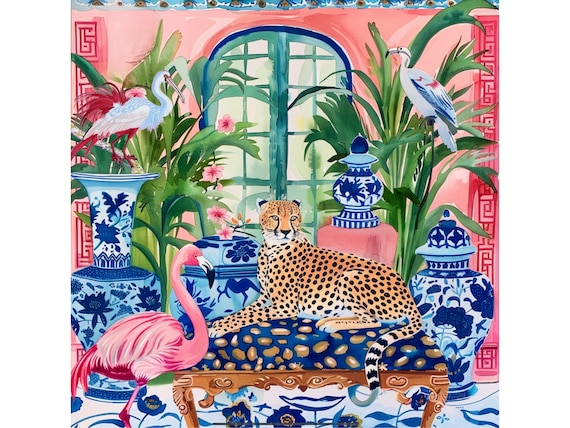 Grandmillennial art, Cheetah and birds in preppy chinoiserie interior, whimsical watercolor