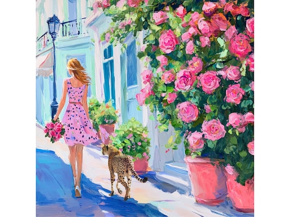 Grandmillennial art, The Rose Alley Walk, whimsical cheetah art