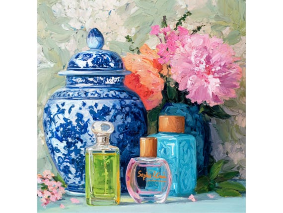 Grandmillennial art, Still life with peonies in ginger jars and perfume bottles