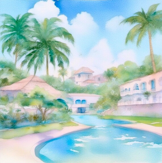 Large watercolor, Palm Beach view