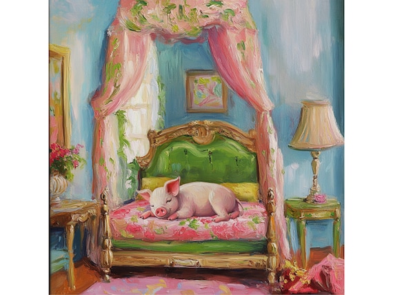Grandmillennial art, Piglet’s New Bed, whimsical fine art