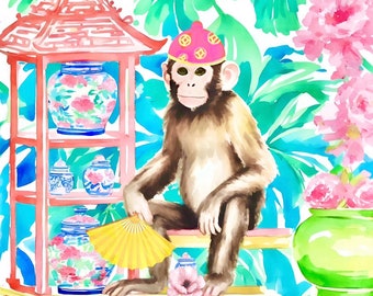 Grandmillennial art, Monkey with yellow fan in preppy chinoiserie interior, whimsical watercolor