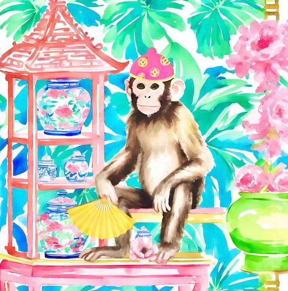 Grandmillennial art, Monkey with yellow fan in preppy chinoiserie interior, whimsical watercolor