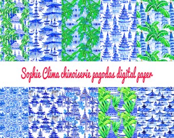 10 Watercolor chinoiserie pagodas digital papers, commercial use instant download watercolour digital paper pack