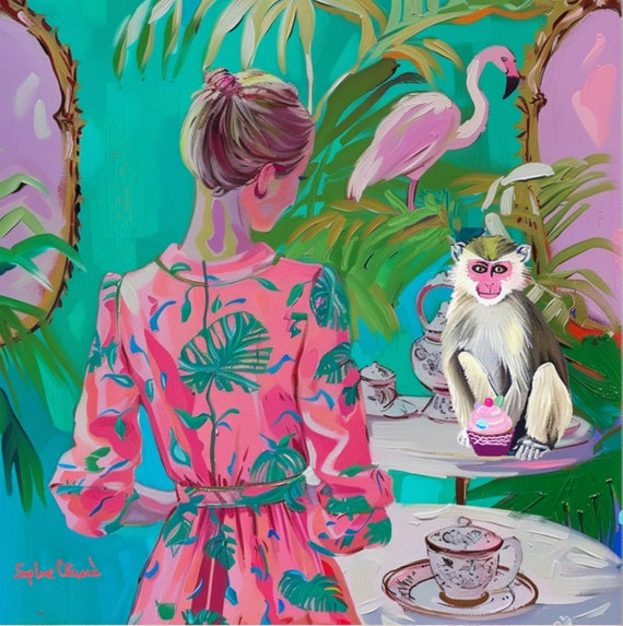 Monkey and a Pink Cupcake, grandmillennial art, oil painting