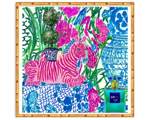 Unique modern chinoiserie print with pink zebra