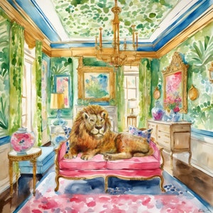 Grandmillennial art, Lion in a French chateau interior, whimsical watercolor