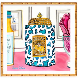 Grandmillennial art, Preppy interior with animal print chinoiserie jar, watercolor