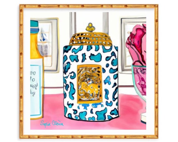 Grandmillennial art, Preppy interior with animal print chinoiserie jar, watercolor