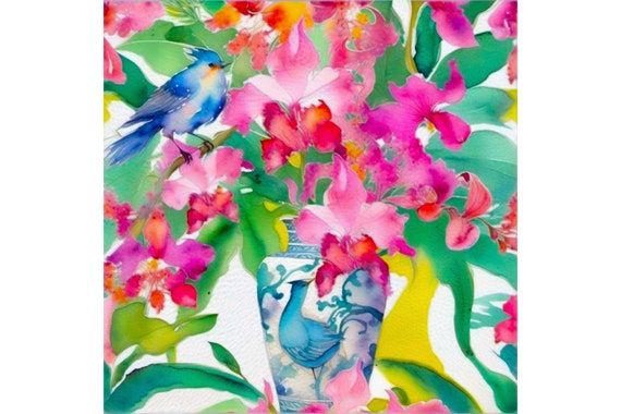 Orchids and Bluebirds Watercolor Painting: Chinoiserie Art Print