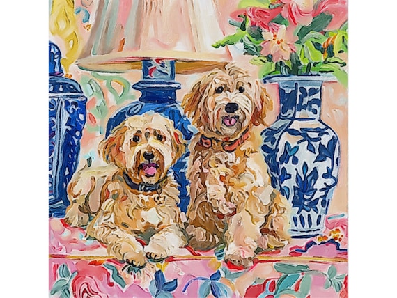 Grandmillennial art, Golden Labradoodles in pink room, whimsical fine art