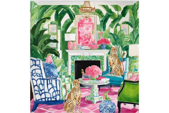 Grandmillennial art, Cheetahs in Palm Beach room, watercolor painting