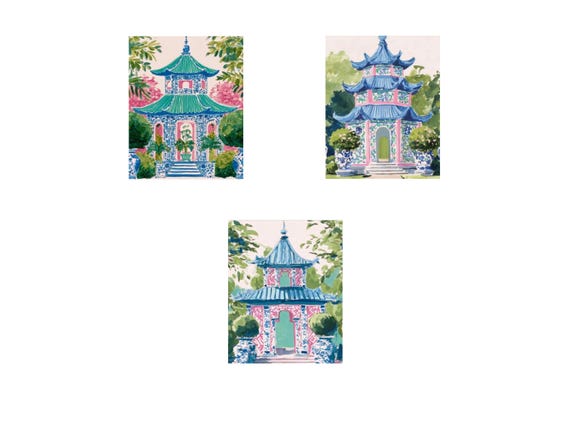 Chinoiserie Pagoda Watercolor Art Prints  - Set of 3