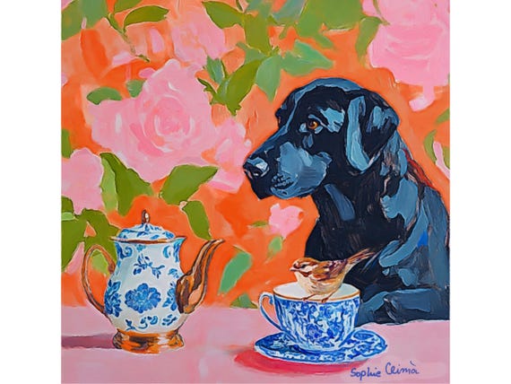 Grandmillennial art, Afternoon tea with a friend, whimsical Labrador art