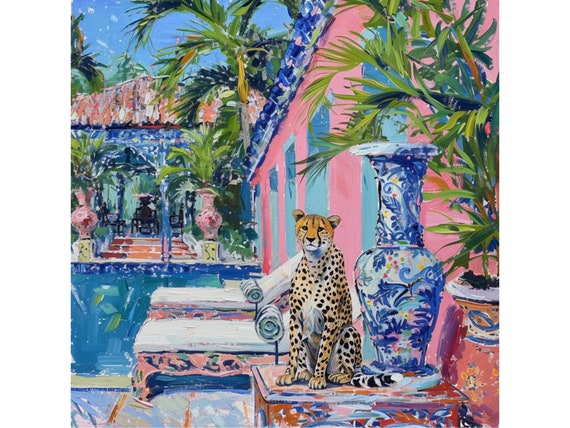 Preppy Cheetah near swimming pool in Palm Beach, whimsical watercolor