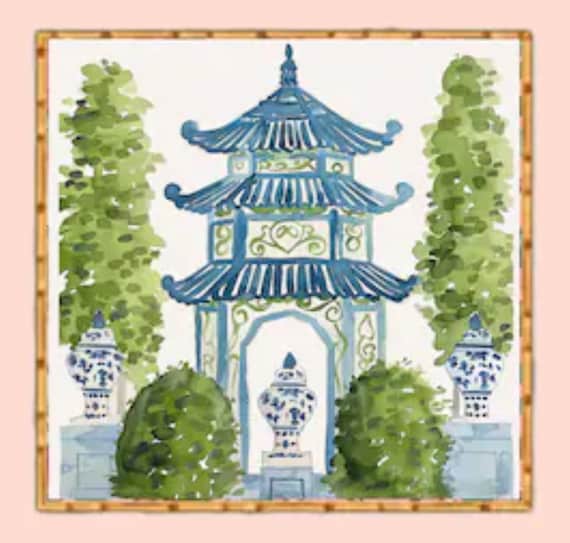 Grandmillennial art, Chinoiserie pagoda garden 2 art print