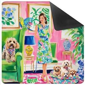 May include: A colorful mousepad featuring a vibrant illustration of a woman in a floral dress, surrounded by dogs, a parrot, and decorative furniture. The artwork has a bright, cheerful aesthetic with pink, green, and blue hues, creating a lively and inviting scene.