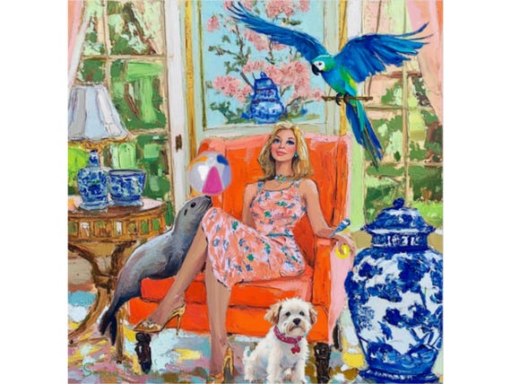 Grandmillennial art, Gossipers on orange chair, whimsical fine art