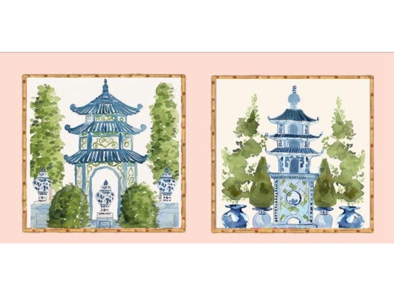 Custom Chinoiserie pagodas and topiaries prints, set of two, 8x10”