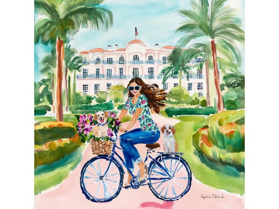 Grandmillennial art, The Happy ride, whimsical watercolor and pen sketch