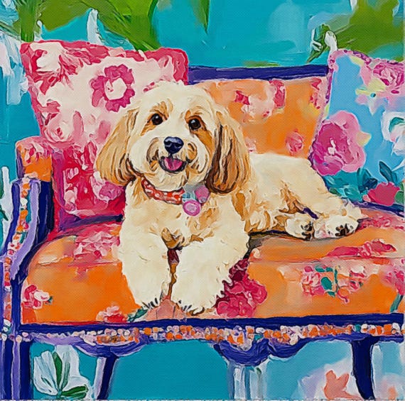 Multipoo dog on orange sofa, Giclee Print, Whimsical Dog Art