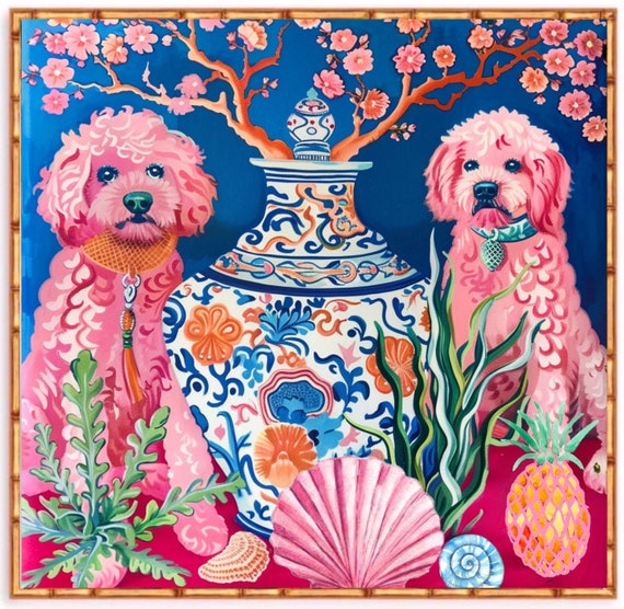 Pink Cockapoo Art Print: Chinoiserie Jars & Seashells, Grandmillennial Decor