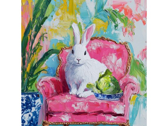 Grandmillennial art, Bunny on a pink chair, whimsical fine art