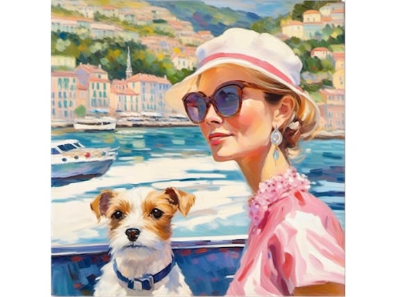 Capri Art Print: Elegant Woman and Dog, Coastal Italy Wall Art