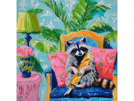 Grandmillennial art, Raccoon and the French Baguette, whimsical fine art
