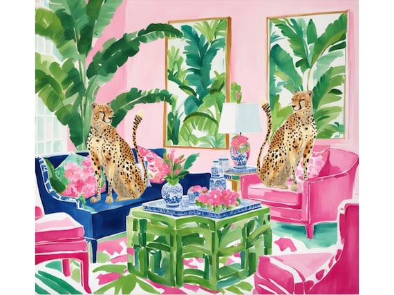 Grandmillennial art, Cheetahs in Palm Beach room 2, watercolor painting