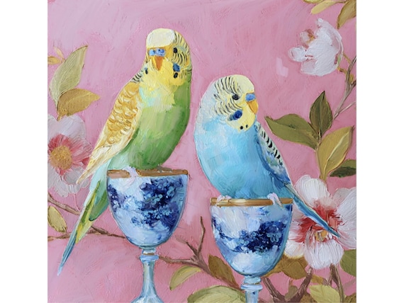 Green and Yellow budgies in chinoiserie interior, Preppy Parrot art print, signed by the artist