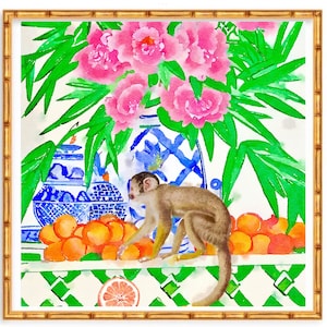Grandmillennial art, Unique modern chinoiserie print, chinoiserie jar and monkey stealing oranges