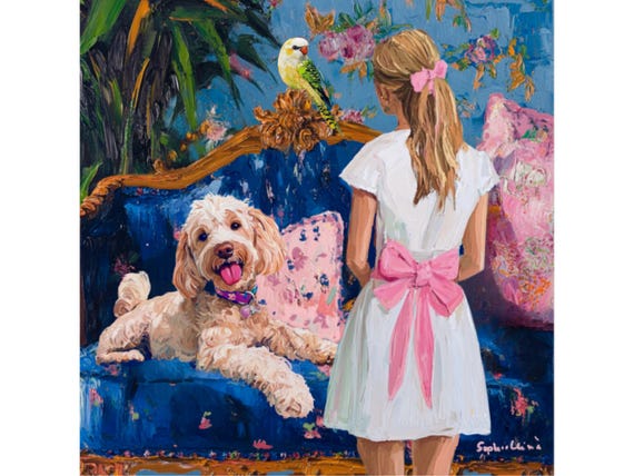 Grandmillennial art, Muddy paws on a blue sofa, preppy whimsical art