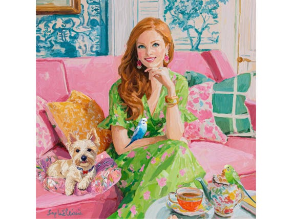 Grandmillennial art, Afternoon in pink and green,  whimsical preppy art