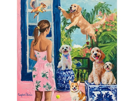 Grandmillennial art, Disturbance in Puppy School, whimsical fine art