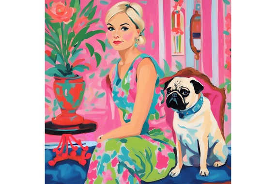 Grandmillennial art, Girl and her pug in preppy  interior, whimsical watercolor