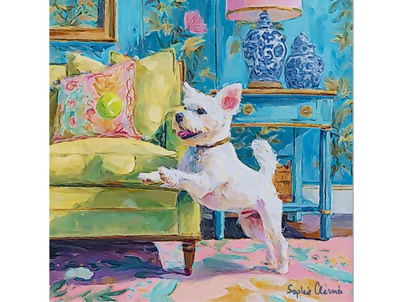 Grandmillennial art, Terrier and a tennis ball, whimsical dog art