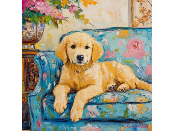 Grandmillennial aer, Labrador Puppy in chinoiserie interior, whimsical fine art