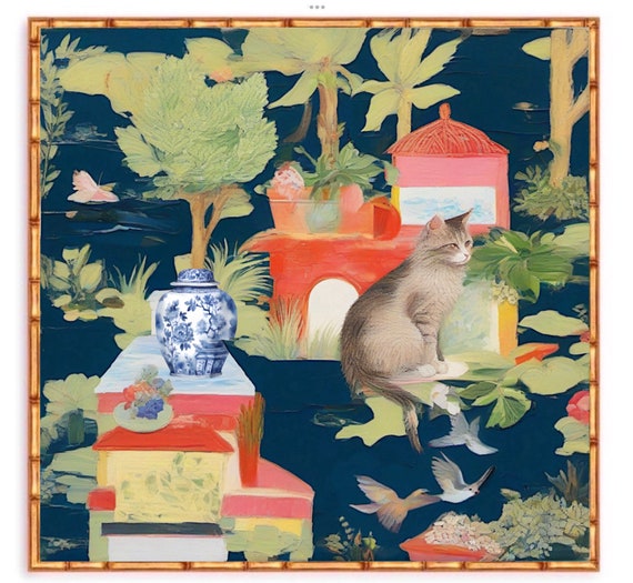 Grandmillennial art, Whimsical chinoiserie cat house on the lake art print