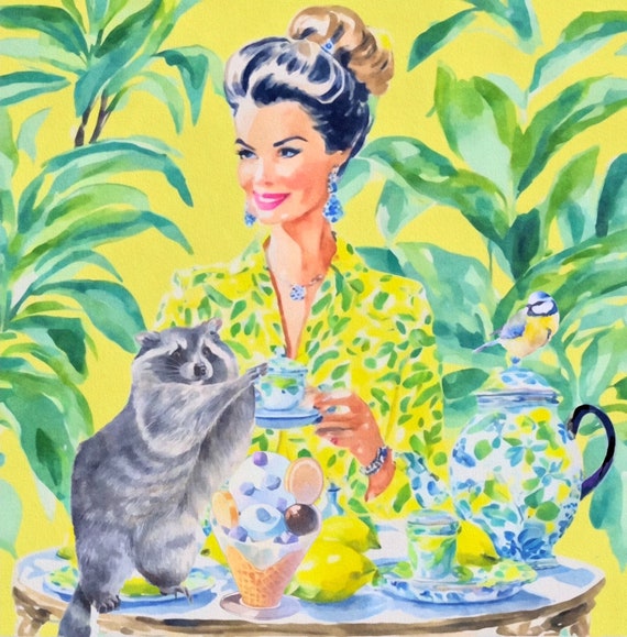 Grandmillennial art, Tea service, whimsical fine art print