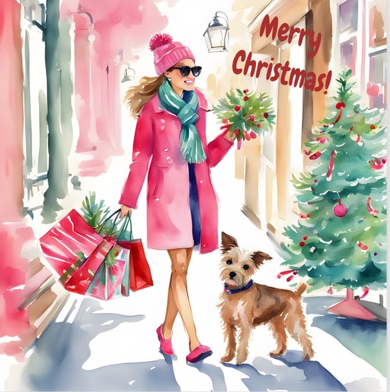 Illustrated Christmas card download: girl and her dog doing Christmas shopping