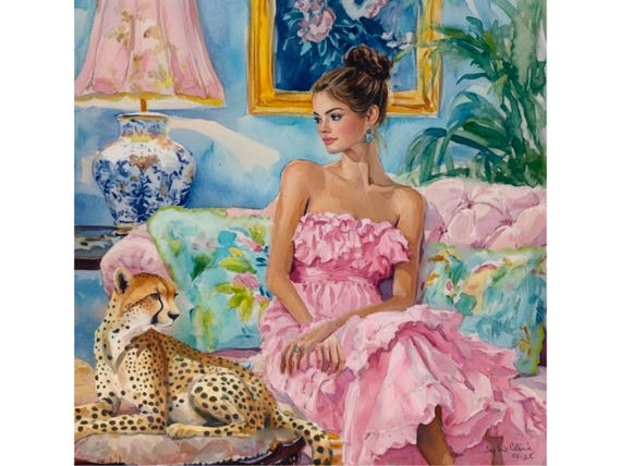 Grandmillennial art, Girl in pink dress with a sitting cheetah, whimsical watercolor art